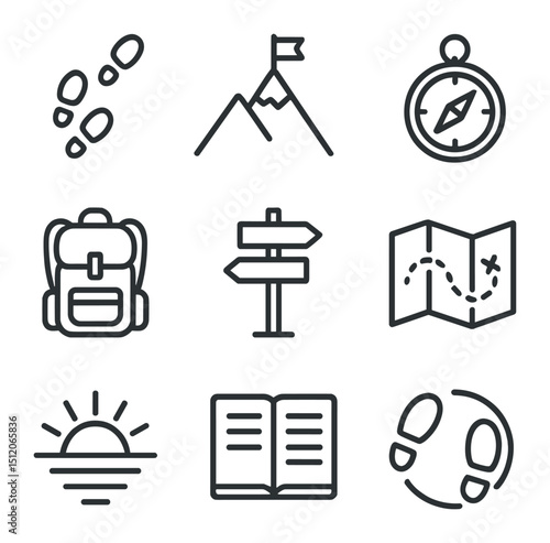 Self-Discovery Icons Set. Outline icon set of self-discovery journey: footprint trail, mountain peak, compass, backpack icon,