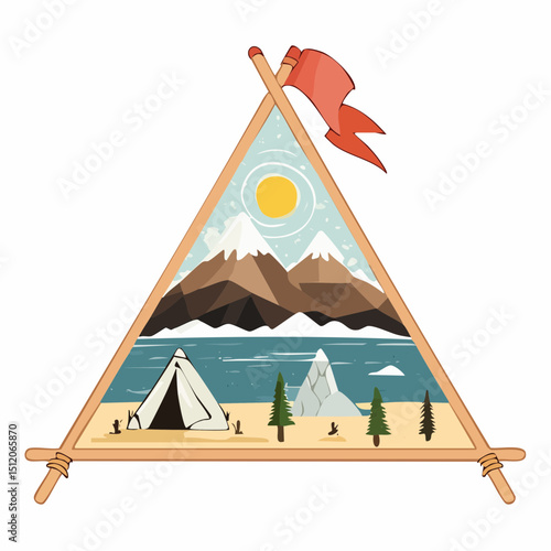 Wild Life Pennant – Tent and Campfire at Sunset Vector