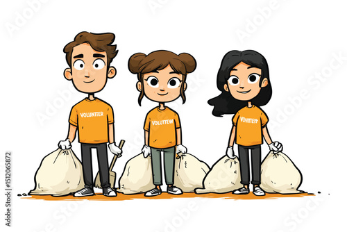Group of cartoon volunteers cleaning up trash, ideal for environmental and social awareness projects