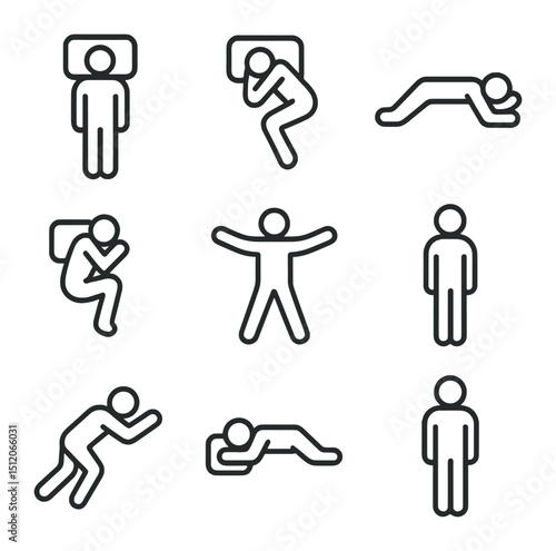 Sleep Position Icons. Outline icon set of sleep positions: back sleeper silhouette, side sleeper outline, stomach sleeper pose,