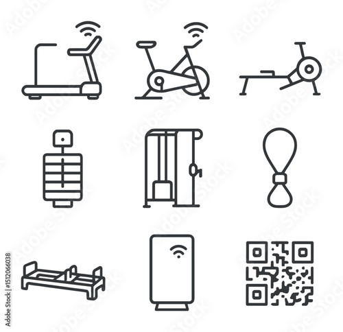 Smart Gym Icons. Outline icon set of smart gym equipment integration: connected treadmill, smart bike, rowing machine, weight