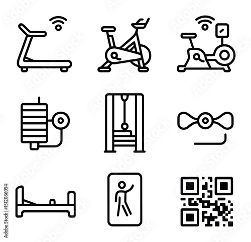Smart Gym Icons. Outline icon set of smart gym equipment integration: connected treadmill, smart bike, rowing machine, weight