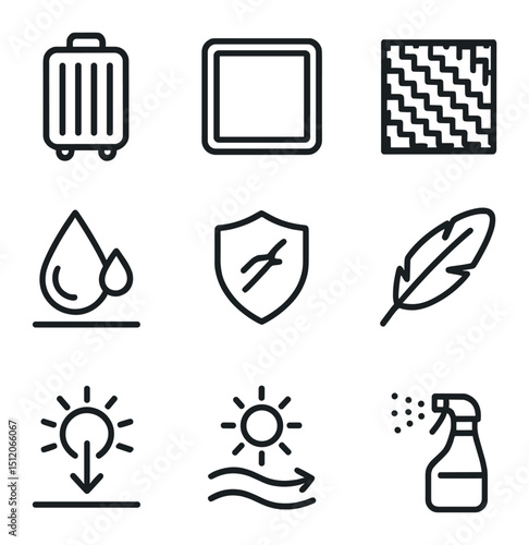 Smart Luggage Icons. Outline icon set of smart luggage materials: polycarbonate shell, aluminum frame, carbon fiber pattern,
