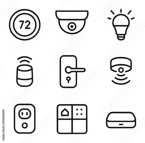 Smart Home Icons. Outline icon set of smart home integration: smart thermostat, security camera, smart bulb, voice assistant, door