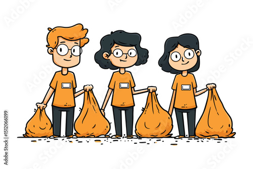 Cartoon illustration of volunteers collecting trash in bags, highlighting environmental cleanup
