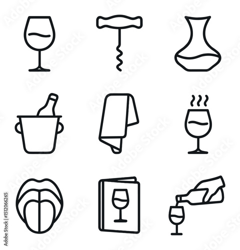 Sommelier Icon Set. Outline icon set of sommelier service: tasting carafe, corkscrew, decanter, wine bucket, service cloth, aroma