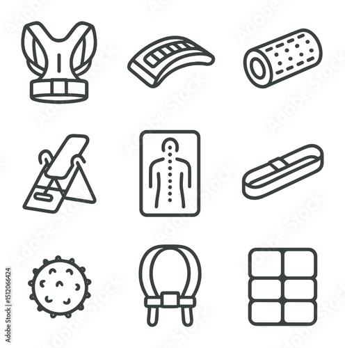 Spinal Alignment Icons. Outline icon set of spinal alignment tools: posture brace, back stretcher, foam roller, inversion table,