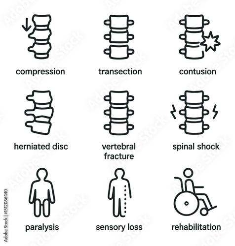 Spinal Injury Icons. Outline icon set of spinal cord injuries: compression lesion, transection, contusion bruise, herniated disc,
