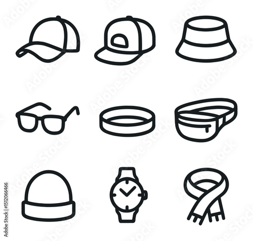 Sporty Accessories Icons. Outline icon set of casual–sporty accessories: baseball cap, snapback, bucket hat, sunglasses, wristband