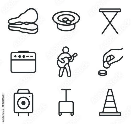 Street Performance Icons. Outline icon set of street performance: guitar case, hat for tips, folding stool, amplifier, busker
