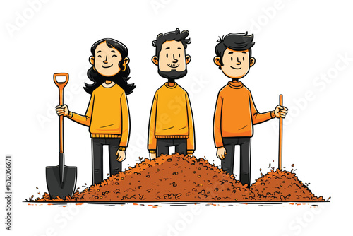 Illustration of three cartoon characters standing behind a pile of dirt with shovels