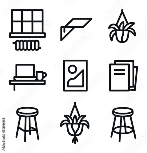 Studio Apartment Icons. Outline icon set of studio apartment window bars: industrial window, radiator below, fold-down desk,