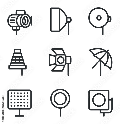 Studio Lighting Icons. Outline icon set of studio lighting equipment: Fresnel spotlight, softbox, beauty dish, grid snoot, barn