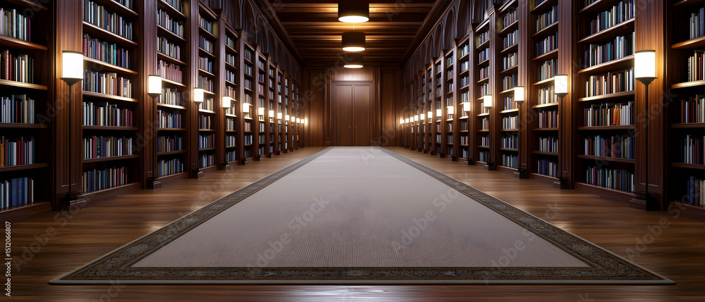 Fototapeta premium Grand Library Interior With Wooden Bookshelves And Beige Carpet