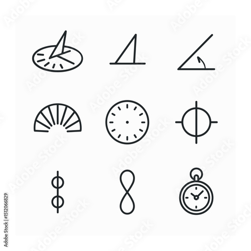 Sundial Icon Set. Outline icon set of sundial and time: sundial, gnomon, shadow, hour lines, sundial face, equinox mark, solstice