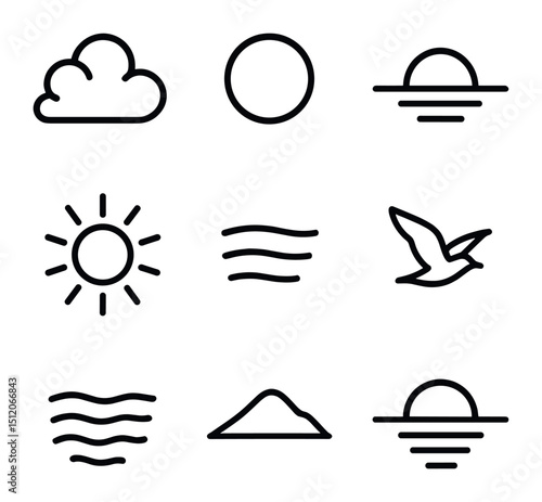 Sunset Icon Collection. Outline icon set of sunset glow clouds: glowing cumulus, sun disc, horizon line, ray burst, warm gradient,