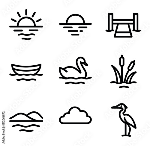 Sunset Lake Icons. Outline icon set of sunset over lake: sun, reflection, dock, boat, reeds, swan, distant hills, cloud, heron.