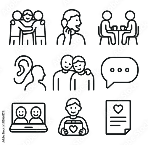 Supportive Friendship Icons. Outline icon set of supportive friendships: group hug, phone call, coffee meet-up, listening ear,