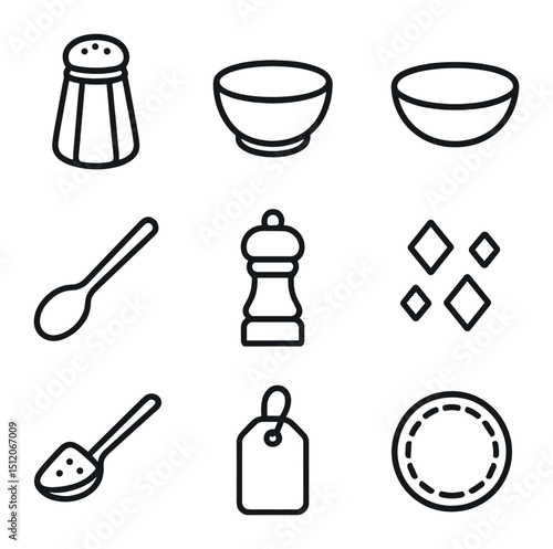 Table Salt Icon Set. Outline icon set of table salt essentials: salt shaker, salt cellar, pinch bowl, salt spoon, grinder mill,