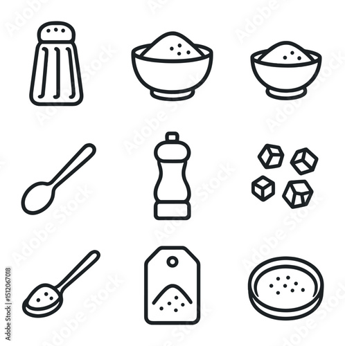 Table Salt Icon Set. Outline icon set of table salt essentials: salt shaker, salt cellar, pinch bowl, salt spoon, grinder mill,