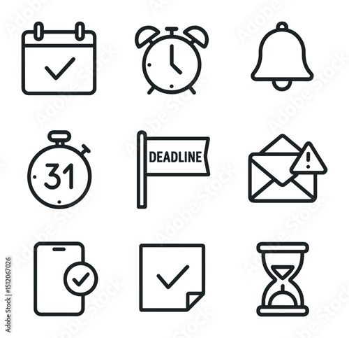 Tax Reminder Icons. Outline icon set of tax deadlines and reminders: wall calendar, alarm clock, notification bell, countdown