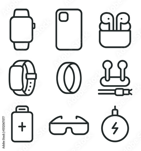 Tech Accessory Icons. Outline icon set of tech fashion accessories: smart watch, phone case, earbuds, wearable tracker, tech ring,