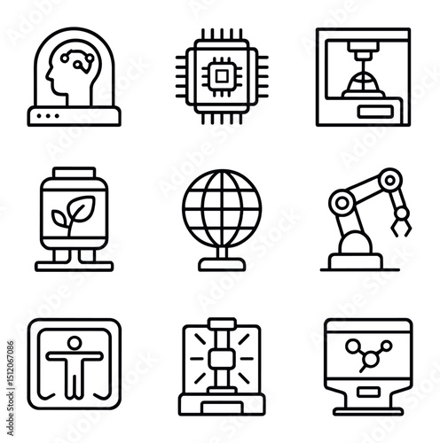 Tech Utopia Icon Set. Outline icon set of technological utopia labs: AI research pod, quantum processor, nano-fabricator,