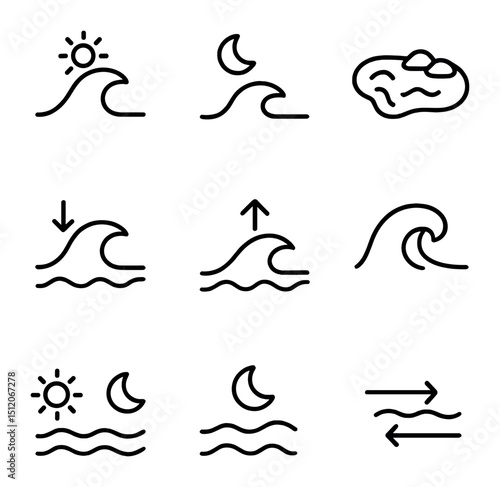 Tidal Phenomena Icons. Outline icon set of tidal phenomena: high tide, low tide, tidal pool, tidal bore, ebb flow, flood tide,