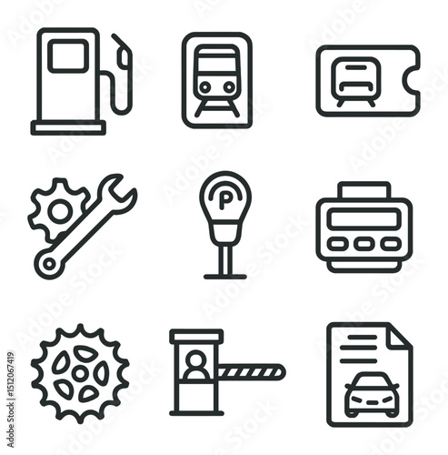 Transport Cost Icons. Outline icon set of transportation costs: fuel pump, bus ticket, train fare card, car maintenance wrench,