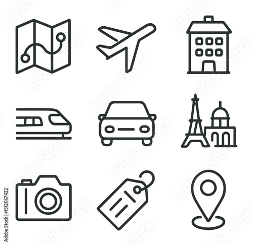 Travel Itinerary Icons. Outline icon set of travel itinerary planning: map, airplane, hotel, train, car, landmarks, camera,