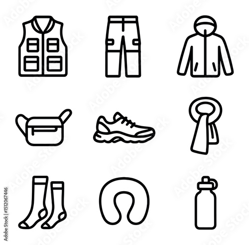Travel Gear Icons. Outline icon set of travel-friendly sporty casual: travel vest, convertible pants, packable jacket, crossbody