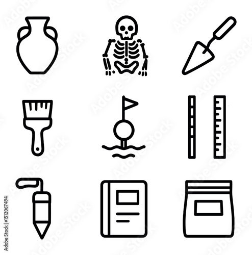 Underwater Cave Artifact Icons. Outline icon set of underwater cave archaeology: artifact pot, skeletal remains, trowel, brush,