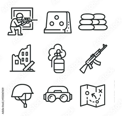 Urban Warfare Icons. Outline icon set of urban warfare tactics: sniper nest, concrete barricade, sandbag wall, collapsed building,