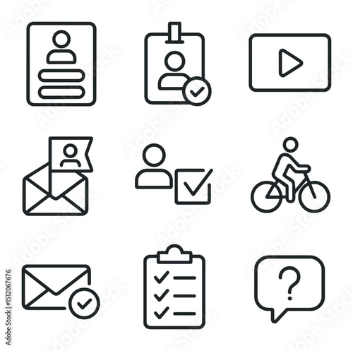User Onboarding Icons. Outline icon set of user onboarding process: registration form, ID verification badge, tutorial video play,