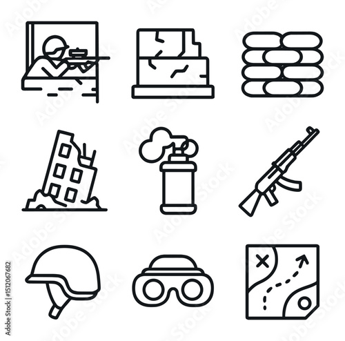 Urban Warfare Icons. Outline icon set of urban warfare tactics: sniper nest, concrete barricade, sandbag wall, collapsed building,