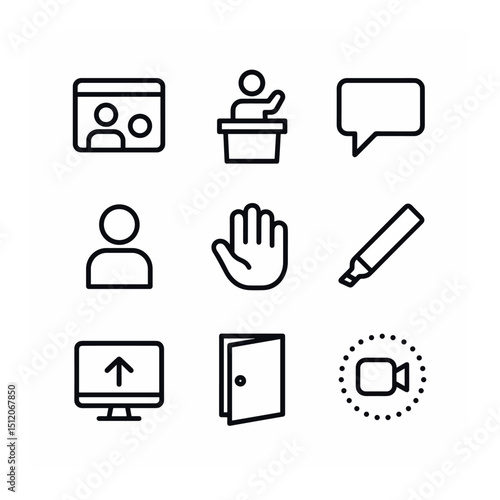 Virtual Classroom Icons. Outline icon set of virtual classrooms: video window, teacher podium, student avatar, chat bubble, hand