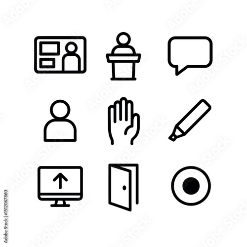 Virtual Classroom Icons. Outline icon set of virtual classrooms: video window, teacher podium, student avatar, chat bubble, hand