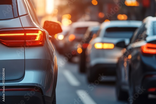 Fototapeta Naklejka Na Ścianę i Meble -  Close up traffic jam of cars on city access on rush hour night bokeh light
