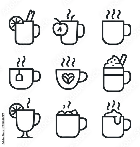 Warm Beverages Icons. Outline icon set of warm beverages: mulled wine mug, hot cider cup, coffee mug, tea cup, cocoa mug, latte