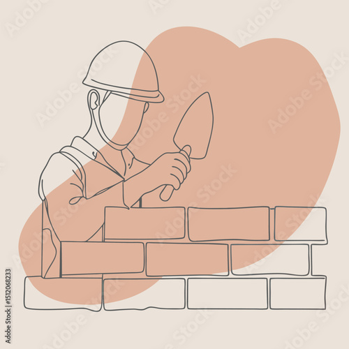 Minimalist Illustration Construction Worker Laying Bricks with Trowel, Wearing Hard Hat on Beige Backdrop