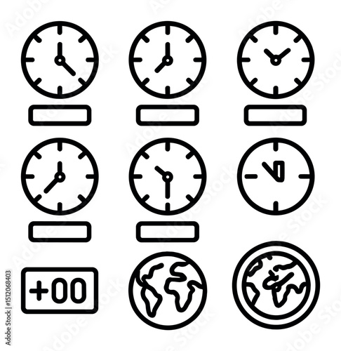 Outline World Clocks. Outline icon set of time zones: clock GMT, clock PST, clock EST, clock CET, clock IST, clock JST, clock AEST