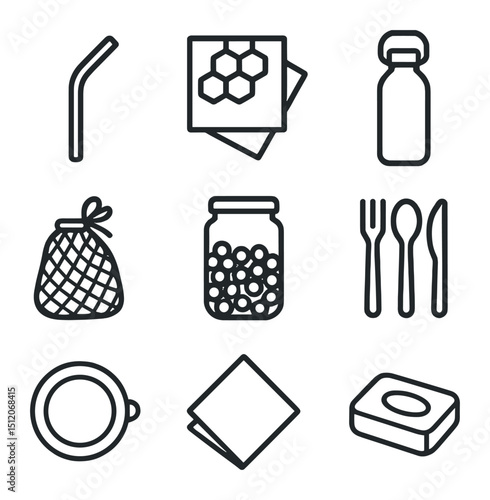 Zero-Waste Icons Grid. Outline icon set of zero-waste lifestyle tools: reusable straw, beeswax wrap, stainless steel bottle,