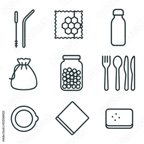 Zero-Waste Icons Grid. Outline icon set of zero-waste lifestyle tools: reusable straw, beeswax wrap, stainless steel bottle,