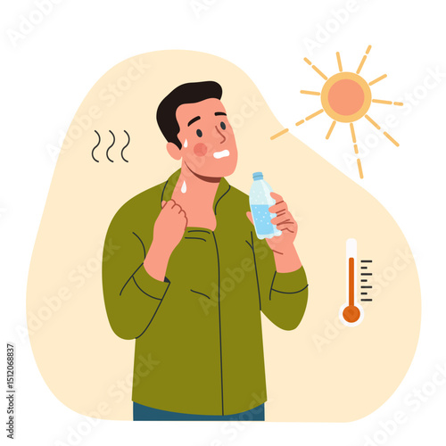 Young woman drinks water under the scorching sun. Hot summer weather. Vector cartoon flat style illustration