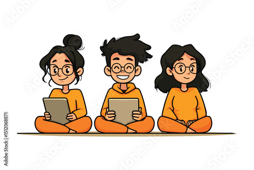 Cartoon illustration of three young people sitting cross-legged using tablets