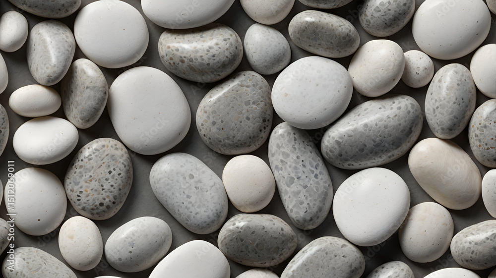 Fototapeta premium Polished Pebbles in Earthy Tones on Neutral Background Smooth Round Stones in Gray, White, and Beige, on Gray Background Generate AI,