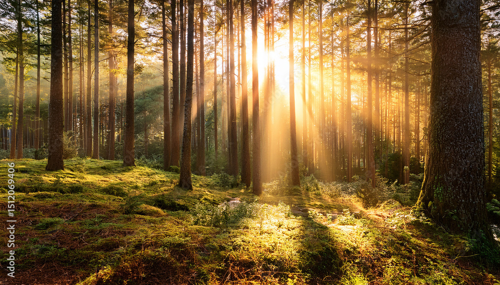 Naklejka premium golden sunlight rays through forest trees