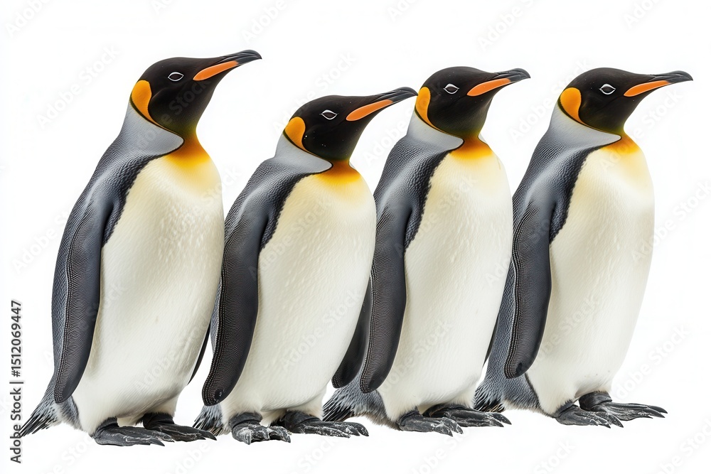 Obraz premium Four Adult Male Emperor Penguins Standing in a Row, Showcasing Their Iconic Black and White Plumage with Bright Orange Accents Against a White Background
