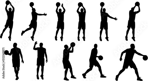 basketball player silhouette preparing to score in a hoop, perfect for depicting sports action, competition, or basketball-themed illustrations
