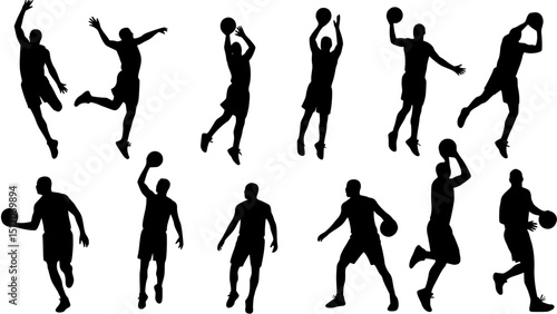 basketball player silhouette preparing to score in a hoop, perfect for depicting sports action, competition, or basketball-themed illustrations
